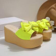 Women's Bow Decor Thick Sole Wedge Slippers, Lightweight Open Toe Sandals For Beach, Casual & Outdoor Activities - Green - View 6