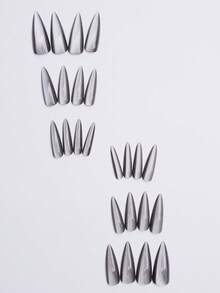 24pcs Long Stiletto Fake Nails, Solid Black Artificial Nails With Full Coverage Black Glitter Nail Stickers, Suitable For Women And Girls Nail Supplies - Black - View 4