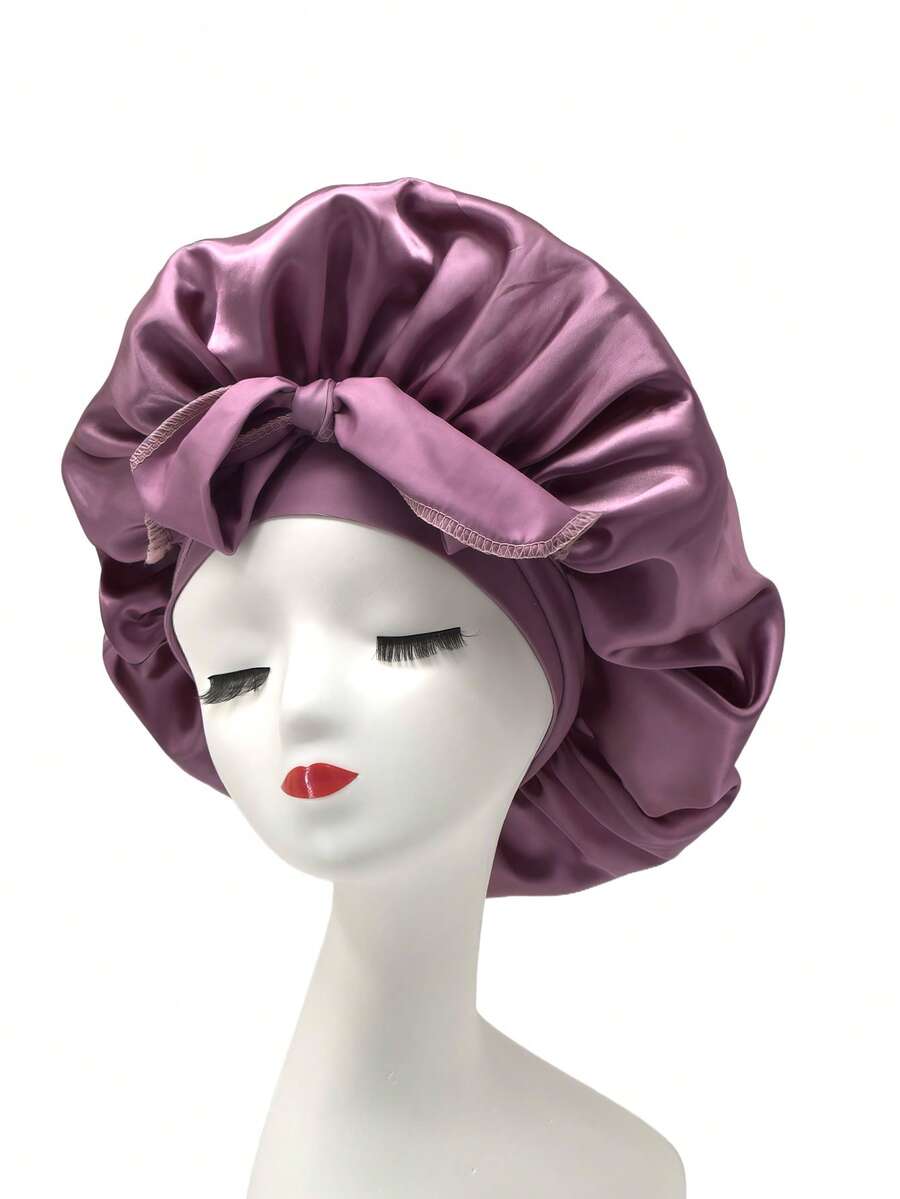 1pc Luxury Satin Sleep Cap - Adjustable Bow Tie, Ruffle Edge Design, Unisex, Hair Protection At Night, Soft & Luxurious Feel