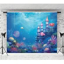 Unterwasser-Schloss Meerjungfrau-Thema Hintergrund mit Fischen, Korallen und Ozean-Elementen, geeignet als Requisite für Meerjungfrau-Themen Porträtfotografie Banner, Vinyl - Blau - Übersicht 3