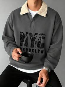 New Autumn/Winter Men's Street Fashion NYC Letter Print Patchwork Sherpa Collar Sweatshirt - Dark Grey - View 1