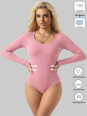 1 Piece Women's Black Seamless Round Neck Long Sleeve Shapewear, Full Coverage Comfort Bodysuit