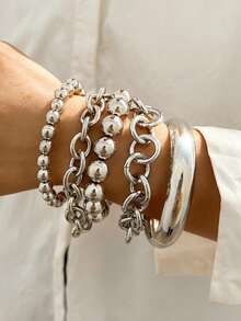 5 Peças Conjunto de Pulseiras e Braceletes Geométricos Assimétricos Vintage, Elegantes e Casuais, com Contas CCB, Oco, Minimalista, Personalizado, Espesso, Liso, de Alta Qualidade, Adequado para Mulheres, Festa, Encontro, Presente, Uso Diário, Versátil - Prata - Visão 2