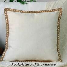 1 件（不含枕芯）仿亚麻绳边装饰抱枕套，粗麻质感面料，农舍风格，适用于客厅、卧室、餐厅、露台、婚礼装饰、家居软装、样板间室内/室外靠垫套 - Cream - 查看 2