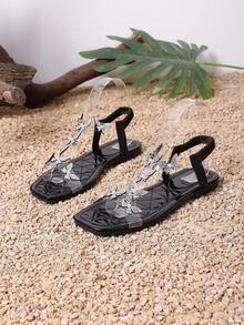 Mẫu sandal đế bằng mũi vuông mới mùa hè 2025, thiết kế hình bướm đen, phần trên bằng vải trong suốt họa tiết hoa, quai hậu co giãn, sandal đế bằng thời trang và thoải mái, đa năng. - màu đen - Xem 6