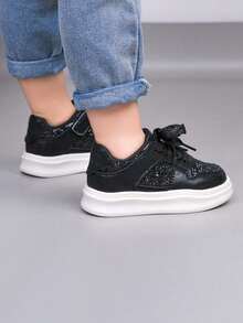 1 Pair Unisex Glitter Flat Sneakers, Soft Sole Non-Slip Infant Casual Walking Shoes, Fashion Versatile Children Outdoor Running Shoes, Suitable For All Seasons - Black - View 8