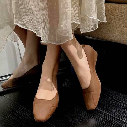 3cm Chunky Heel Slip-On Square Toe Shoes, Commuter Wear