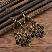 A Pair Of Vintage Black And Gold Long Tassel Earrings, Women's Bohemian Style Dangle Earrings. - 黑色 - 查看 4