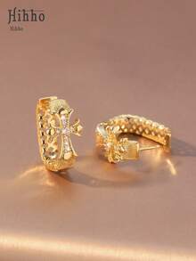 2 piezas Nuevos pendientes de aro con cruz de lujo y estilo retro con rhinestones, accesorios de joyería elegante y de moda, adecuados para uso diario, regalo ideal para amigos - Pendientes de cruz - Ver 5