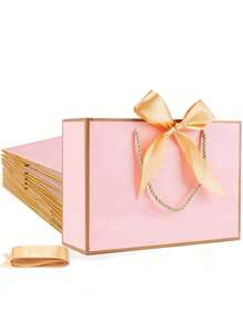 10个装牛皮纸横款礼品袋，带丝带和提手，适用于婚礼、伴娘感谢礼品、男女通用、生日、新娘送礼会感谢礼品、零售购物（粉色） - 粉紅色 - 查看 2