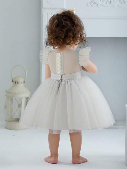 Baby Girls Cap Sleeve Gray Tulle Dress, Elegant Party Princess Dress, Suitable For Wedding, Birthday, Banquet, Formal Occasion