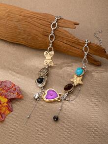 1 pieza Collar con múltiples elementos de estilo Y2K con dijes de reloj/corazón/estrella/mariposa de imitación, collar con dijes de moda para mujeres, regalo ideal para el Día de San Valentín (Diseño de reloj de imitación, significado: Congela el tiempo en el momento talla grande hermoso, deja los recuerdos talla grande dulces) - Corazón morado - Ver 4