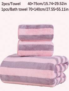 3条装珊瑚绒条纹吸水浴巾/洗脸巾，柔软速干面巾，沙滩巾，超强吸水超细纤维，适用于浴室、酒店、健身房、旅行、礼品、沙龙、运动、户外、海滩、学校、返校季、旅行配件、家居用品、毛巾、护肤 - 彩色 - 查看 15