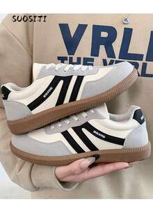 女士多功能时尚休闲平底鞋，防滑系带圆头橡胶底休闲运动鞋，黑色和卡其色拼色日常休闲鞋，尺码 36-41 - 黑與白 - 查看 2