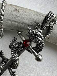 1pc Men's Dragon Sword Shaped Pendant Necklace, Punk Street Style - Everyday Necklace, Christmas Gift For Boyfriend - Silver - View 5