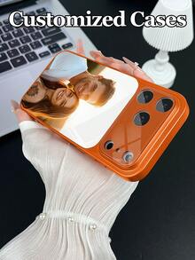 1pc Customized Photo Glass Material Orange Phone Case Compatible With IPhone 17 ProMax/17 Air/15/16 Pro/14 Plus/13 Pro/12 Pro Max/11 Models, Tempered Glass Camera Protection, Tempered Glass Back Cover, Large Viewing Window Phone Protective Case, Customized Tempered Glass, Best Gift For Friends And Family - Orange - View 5