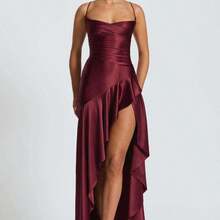 And Sexy Women's Strappy Backless Dress With Ruffle And Asymmetrical Hem, Perfect For Special Occasions. - Rượu vang đỏ - Xem 1