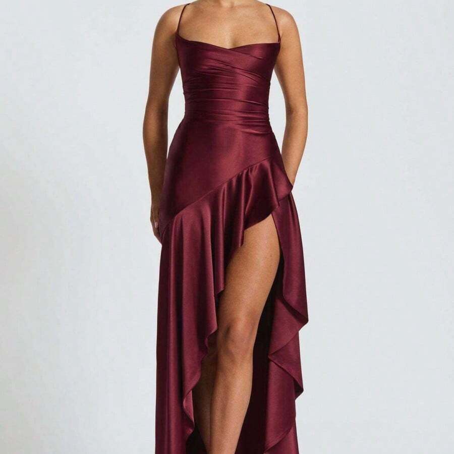 And Sexy Women's Strappy Backless Dress With Ruffle And Asymmetrical Hem, Perfect For Special Occasions. - Rượu vang đỏ - Xem 1
