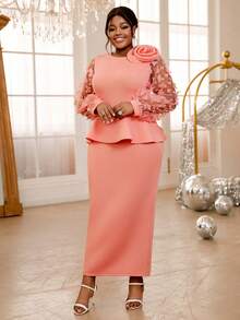 Plus Size Women's Party Dress With 3D Butterfly, Mesh, And Lantern Sleeves, Suitable For Formal Occasions, Elegant Cocktail Parties, Semi-Formal Dances, Wedding Guest Attire - 粉色 - 查看 4