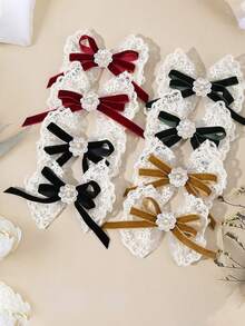 2Pcs Elegant Large Lace Bow Hair Clips For Girls - Burgundy, Green, Black, Khaki & White Floral Barrettes With Ribbon-Like Bows, Hair Accessories For, Weddings, Prom, Christmas, Valentine's Day Gifts (Lace Hair Clips For Braids) - A Pair - View 3