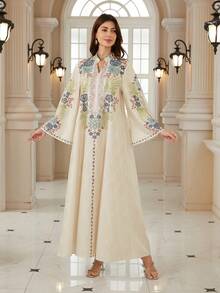 Elegant Women's Notched Neck Long Sleeve Dress, Made Of Woven Fabric With Vibrant Bohemian Print, Showcasing A Graceful Style - NT08 - View 4