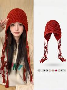 1pc Handmade Hollow-Out Wool Beanie Hat, Women Tasseled Ear Warmer Knitted Cap, Suitable For Christmas And Daily Wear, Autumn/Winter - Multicolor - View 23
