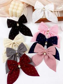 6pcs Solid Color Textured Rhinestone Bow Hair Clips, Elegant Pearl Pendant Large Barrettes, Cute Girl Princess Hair Accessories For Daily Wear And Party - Multicolor - View 3