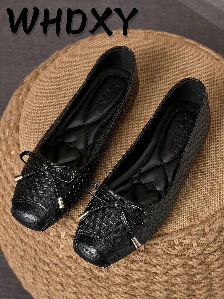 Women's Black Woven Texture Square Toe Ballet Shoes With Bow Accent, Casual Versatile Comfortable Commuting Shoes