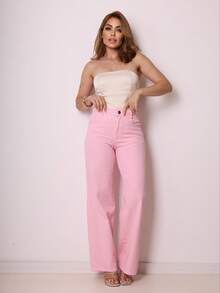 Women's Wide Leg Jeans, High Waist, Butt Lifting Design - Pink - View 2