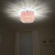 Modern Crystal Chandelier With Circular Pink Lampshade Embedded Ceiling Light, Bedroom Crystal Chandelier, Dining Room Kitchen Island Bedroom Chandelier E14 Lamp Holder (Excluding Light Bulb) - 粉色 - 查看 4