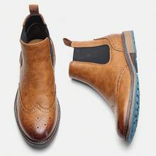 Men's Chelsea Boots With Brogue Print Leather Upper, Dual-Color Rubber Outsole, Non-Slip , Vintage Style Commuter Business Boots - بني - مشاهدة 5