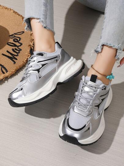 女士户外休闲运动鞋 厚底厚底运动鞋 2025新款网面透气系带简约时尚跑步鞋 平底户外滑板鞋