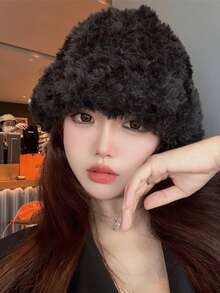1顶女士加厚保暖内衬针织帽，仿毛皮护耳，多功能 | 修饰脸型 | 头套针织帽，纯色休闲涤纶柔软抓绒帽，适合秋冬、夏季、海滩、度假、旅行 - 帽子 - 查看 10