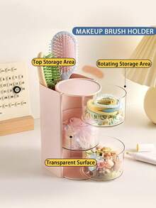 1 Set Girls' Hair Accessory Organizer Rack, With Brush Holder & Rotatable Makeup Brush Holder, Suitable For Necklaces, Earrings, Bracelets, Rings, Makeup Brushes, Hair Clips And Hair Accessories (Pink, 3-Tier) - Pink - View 6