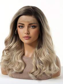 13*4 High Definition Lace Front Wig, 18 Inches Long Curly Hair With Ombre Gold Gradient, 13*4 High Definition Lace Heat Resistant Synthetic Fiber Wig, Fashionable And Versatile, Suitable For Daily Wear, Parties, Halloween, And Cosplay - Blonde Ombre - View 7