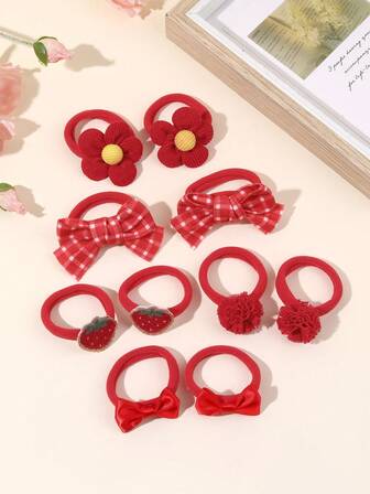 10 piezas Coleteros rojos para niñas Diadema de cuadros escoceses rojos Flor de fresa roja Aro para el cabello estilo casual Bandas de goma dulces Accesorios para el cabello de adolescentes
