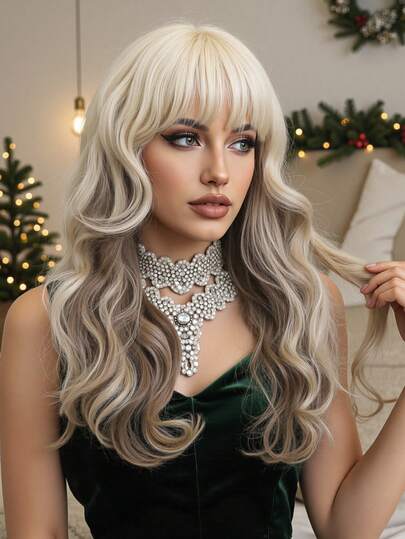 曲奇奶油米色渐变咖啡色柔顺刘海鲻鱼头假发，中长卷发，编织化纤，日常节日仿真头皮