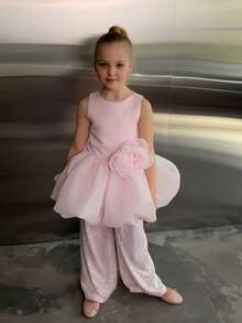 Conjunto de 2 piezas de vestido de fiesta sin mangas con flores 3D de tul para niña preadolescente, adecuado para fiestas de cumpleaños, bodas, damas de honor, celebraciones festivas - Rosa - Ver 5