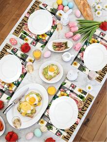 1pc/2pcs/4pcs Colorful Easter Bunny, Eggs & Cross Floral Print Placemats, Fresh Holiday Style Polyester Rectangular Tablecloths With Vibrant Floral Patterns And "He Is Risen" Text - Easy Clean Non-Slip Placemats, Suitable For Easter Celebrations, Adult Parties, Spring Outdoor Dining And Daily Table Decor, Great Gift For Family And Friends
