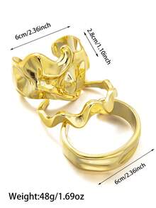 Set de 3 piezas de brazaletes anchos de acrílico con pliegues geométricos de moda, uso versátil diario para mujeres - Dorado - Ver 5