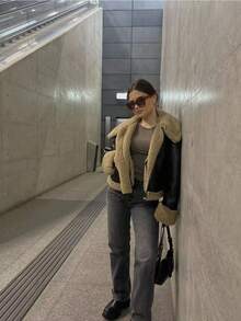 BE 2026 New Short Warm Double-Sided Motorcycle Jacket, Women's Brown Faux Leather Shearling Collar Coat, Fur-Lined PU Leather Jacket - 棕色 - 查看 4