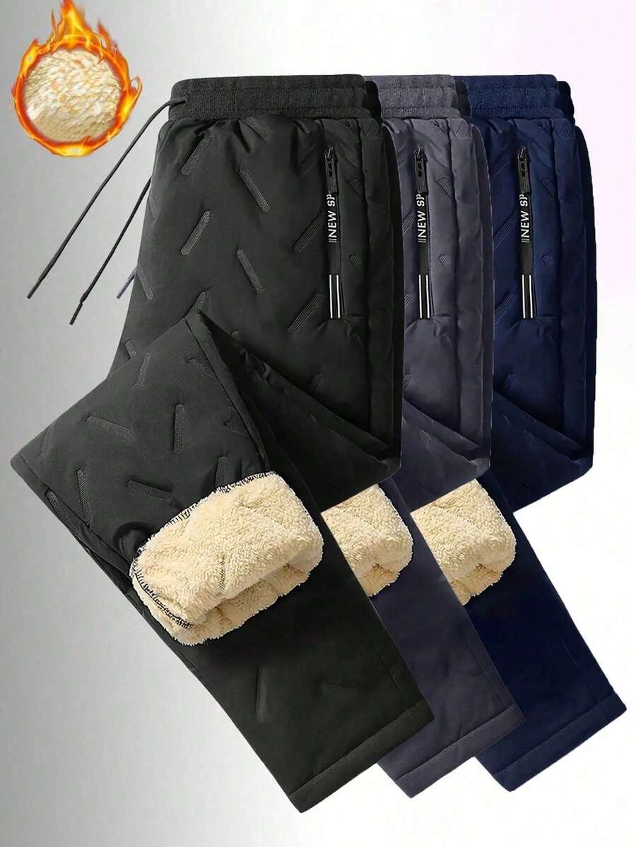 男士时尚百搭加厚冬季长裤，条纹设计，休闲裤。送给丈夫、男友或伴侣的绝佳礼物 - 黑色 - 查看 1