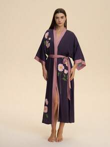 Chinese Style Retro Loose New Chinese Improved Hanfu Fashion Print Kimono Cardigan Robe Casual Homewear Tie-Waist Elegant Yukata Robe Swimsuit Cover-Up Summer Beach Vacation Sunscreen Outfit