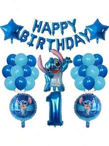 史迪奇主题铝箔气球和蓝色乳胶气球套装，生日派对和节日必备装饰 - 彩色 - 查看 17