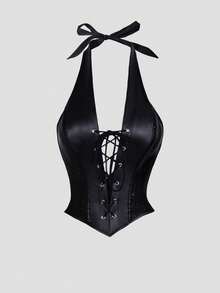 Sexy Chest-Binding Bustier, PU Leather Patchwork Crop Top Corset With Metal Eyelet Lace-Up Front, Open Back, Adjustable Straps, Women Lingerie For Valentine's Day, Clubwear - Black - View 9