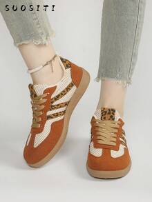 Women's Multifunctional Fashion Casual Shoes, Flat Non-Slip Lace-Up Round Toe Rubber Sole Casual Sneakers, Black & Khaki Color Block, Daily Match, Shoes, Casual Shoes, Size 36-41, - Multicolor - View 4