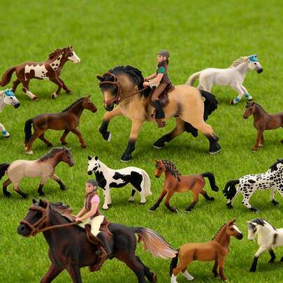 逼真野生动物模型套装，包括马、白马、赛马、骑师、马术、名马模型，适用于农场娃娃屋、微缩景观装饰