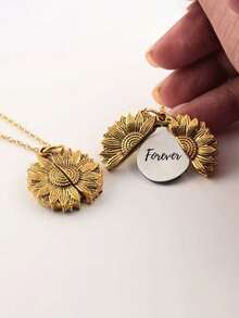 Custom Engraved Sunflower Locket Necklace, Hidden Message Pendant - Gold - View 4