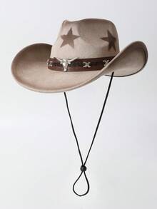 1pc Unisex Handmade Painted Star Pattern Ombre Windproof Rope Wide Brim Hat, Fashion New Faux Leather Band Western Cowboy Hat, Versatile Casual Fedora, Suitable For Daily Wear, Parties, Western Themed Events, Gatherings, Cosplay, Graduation, Masquerade, Festivals, Birthdays, Concerts - Top Hat - View 3