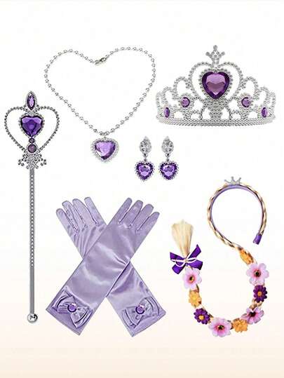 Bộ 6 món công chúa tóc dài tết bím cho bé gái, bao gồm tóc giả, găng tay tết bím, vòng cổ và phụ kiện trang phục công chúa.